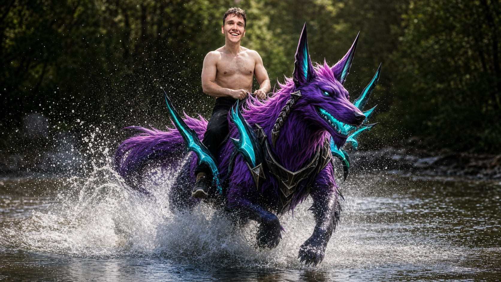 Maik reitet auf der violetten Darkin-Hündin Naafiri durch einen Fluss